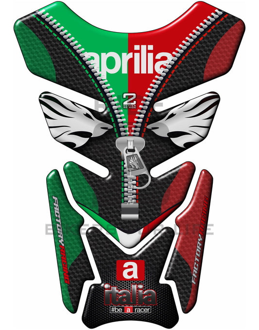 Motor Bike tank Pad -  Aprilia  RSV 1000 - MILLE - RS250 - RSV4 - RSV4R - FALCO. Italia Factory  Racing  Black Carbon Fibre, Red and Green Universal Fit  Motor Bike Tank Pad / Protector.