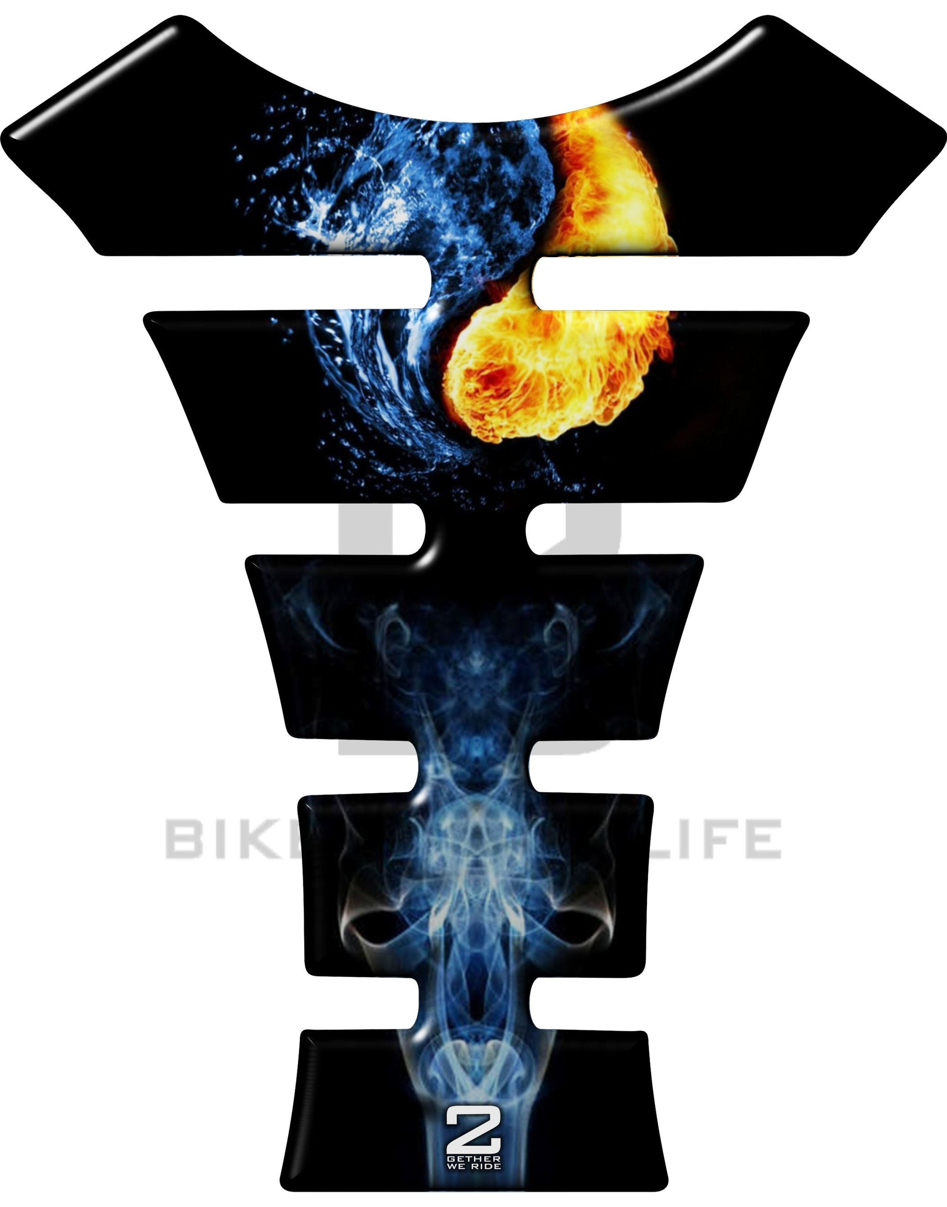 Universal Fit Black Fire and Ice Yin Yang Tank Pad. A Street Pad which fits most motorcycles.