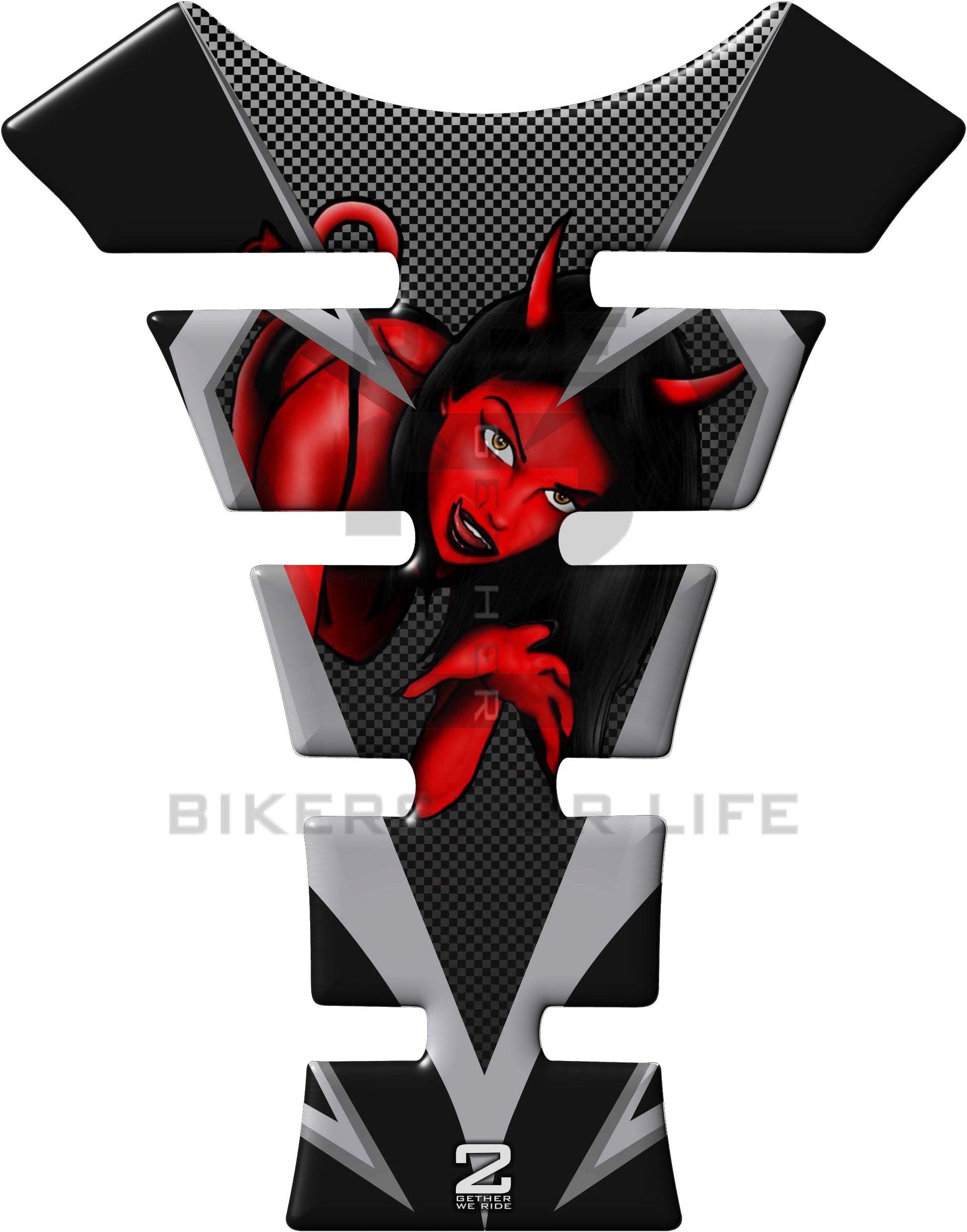 Universal Fit Black, Red and Silver She Devil Motor Bike Tank Pad Protector. A Street Pad which fits most motorcycles.