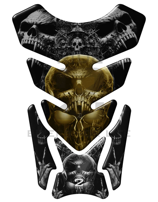 Universal Fit Black and Gold Bling Skull  Motor Bike Tank Pad Protector.  A Street Pad which fits most motorcycles.