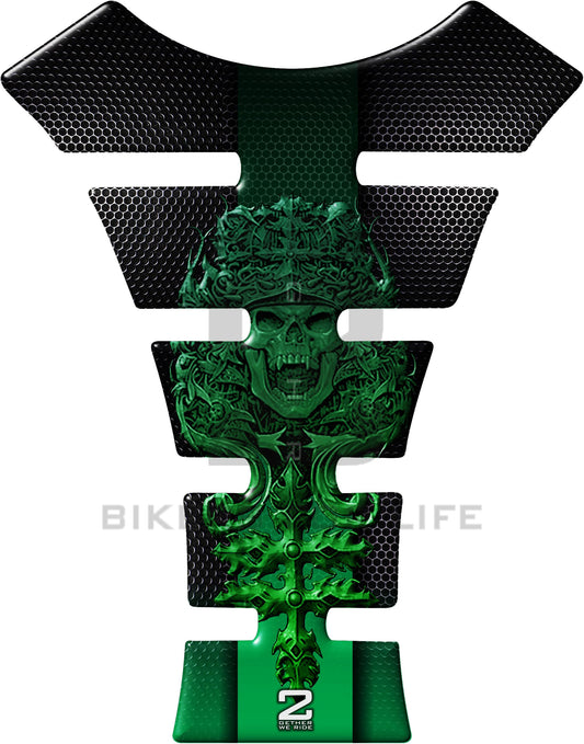 Universal Fit Green Mayan Skull Motor Bike Tank Pad Protector. A Street Pad which fits most motorcycles.