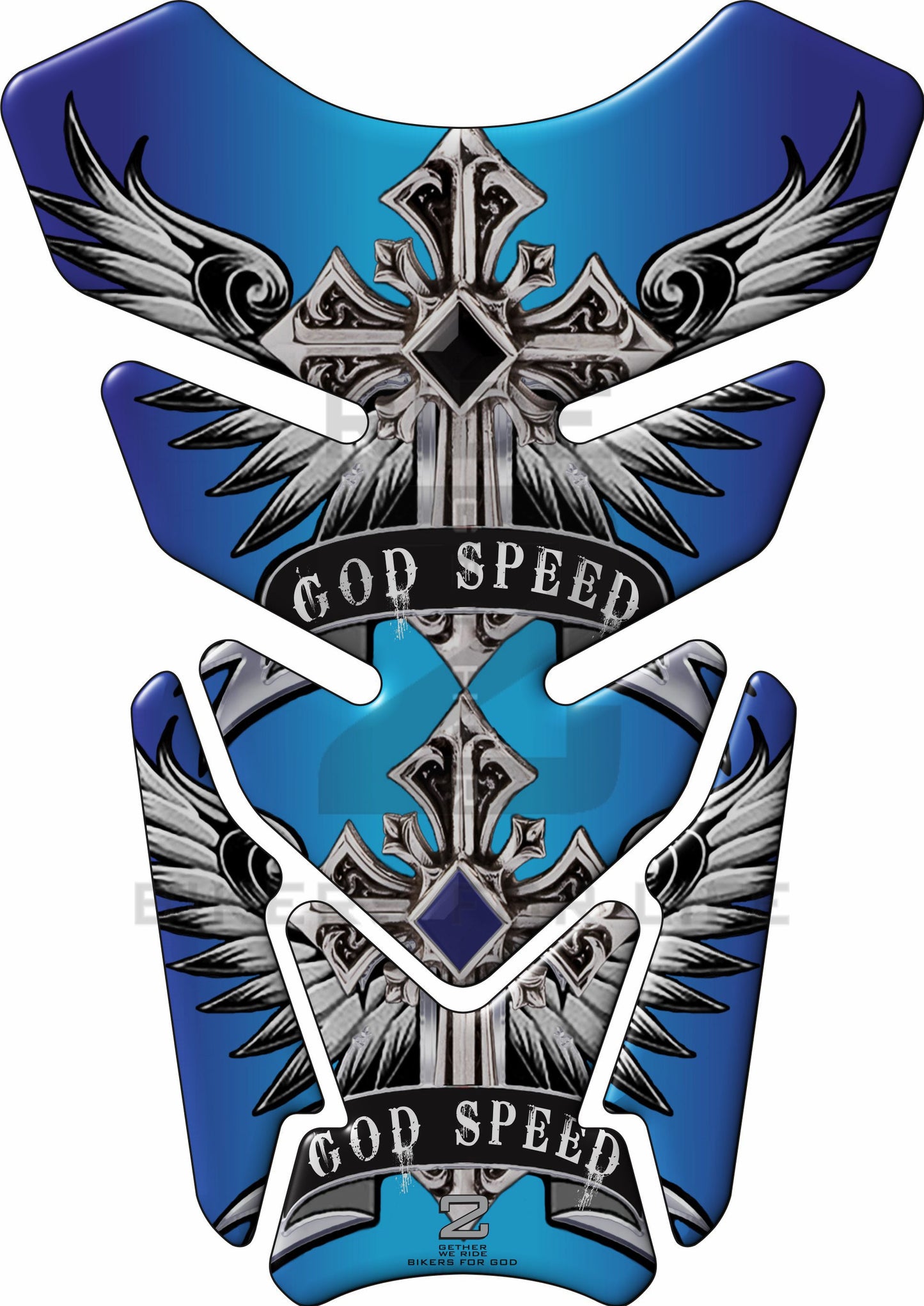 Motor Bike Tank Pad. Angelic Cross. God Speed, Blue