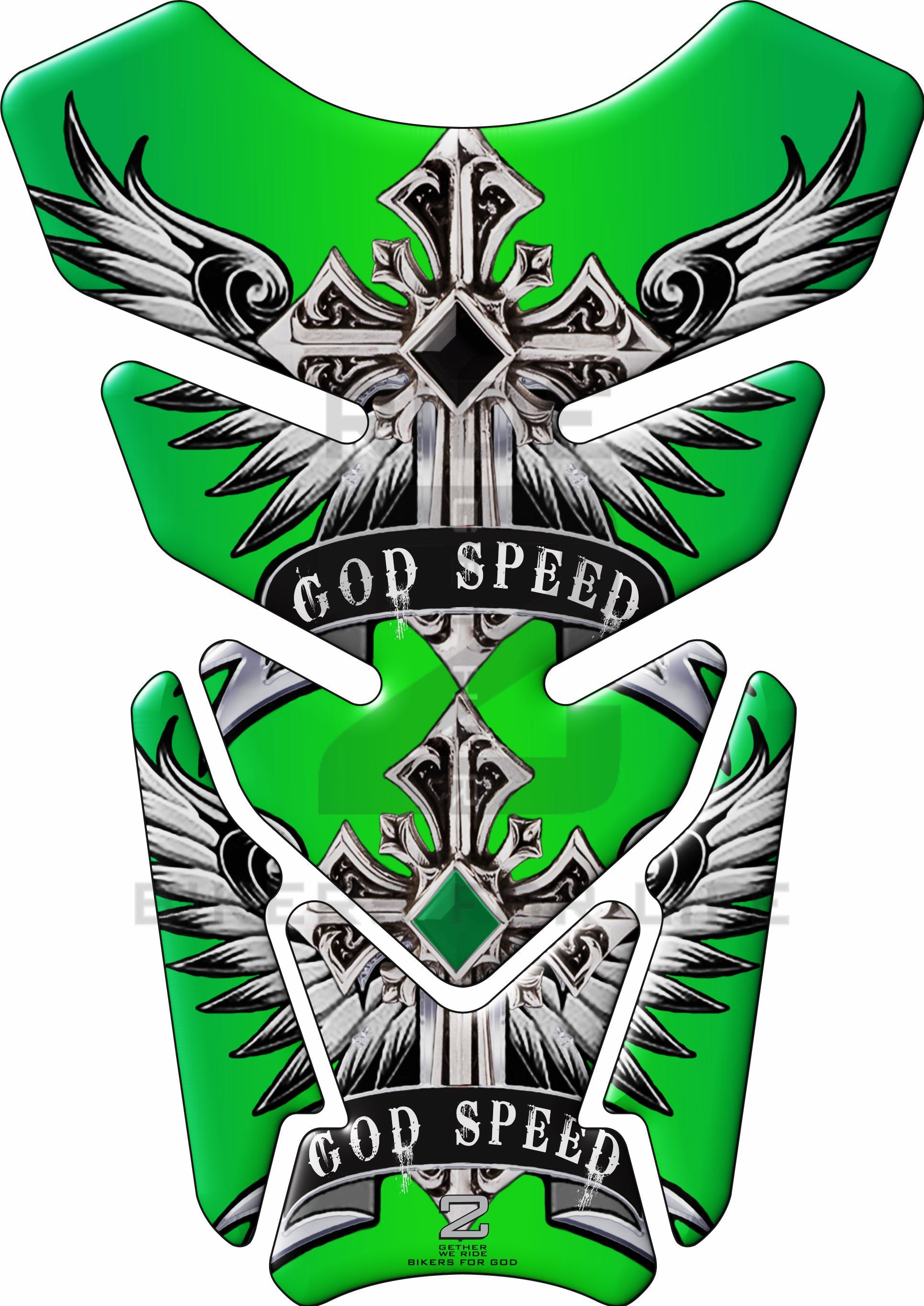 Motor Bike Tank Pad. Angelic Cross. God Speed, Green