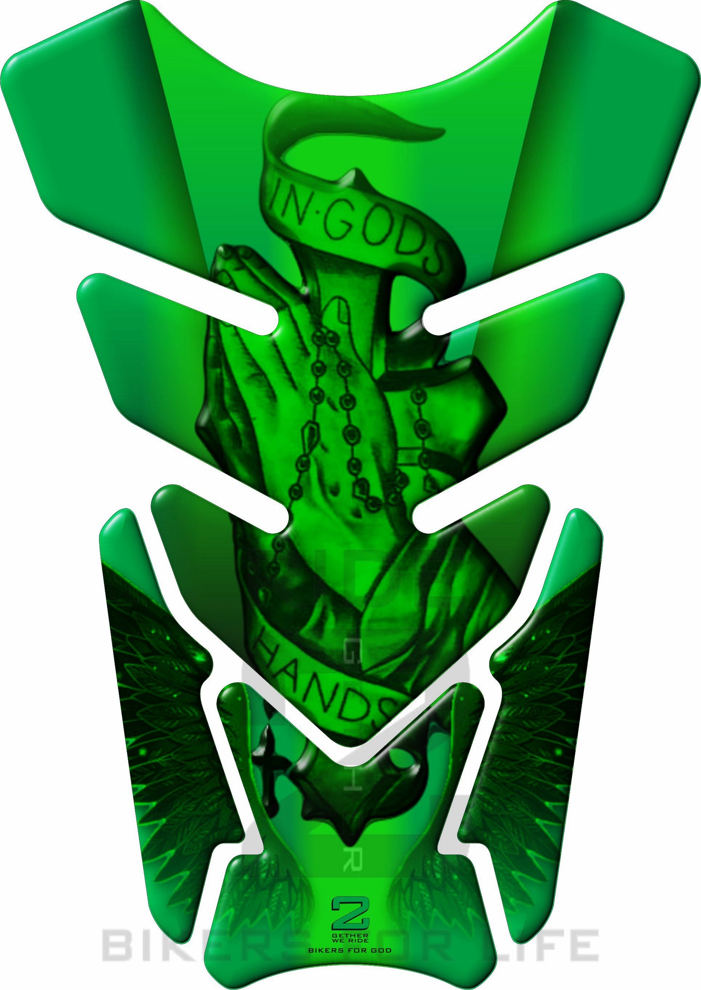 Motor Bike Tank Pad. Religious Range. In Gods Hand Green. Universal Fit. Christian tank pad.