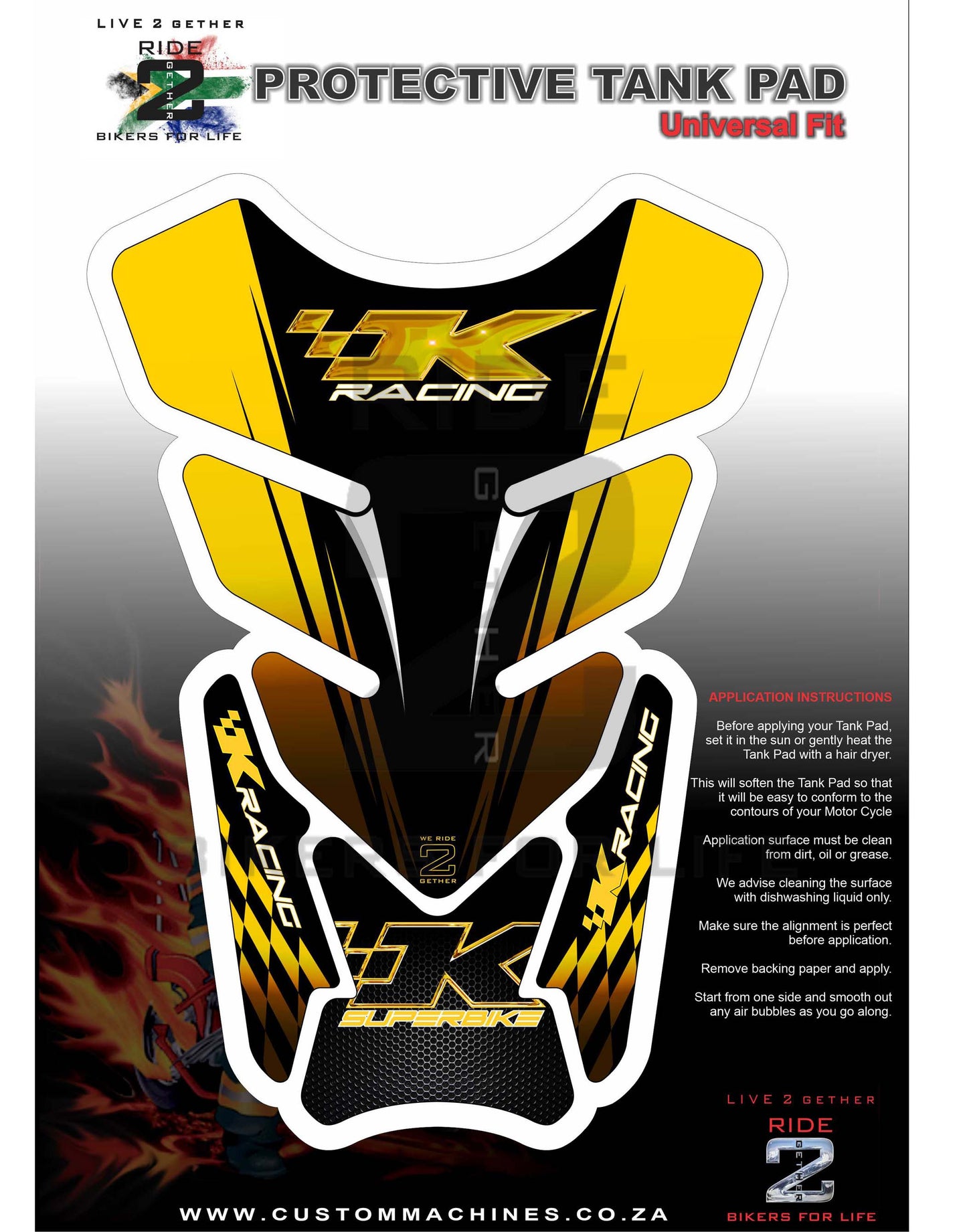 Kawasaki K Racing Yellow and Black Carbon Fibre  SuperBike Tank Pad / Protector