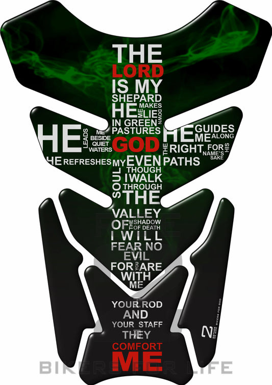 Motor Bike Tank Pad. Religious Range. Jesus crucifix  Psalm 23 Green. Universal Fit. Christian tank pad.