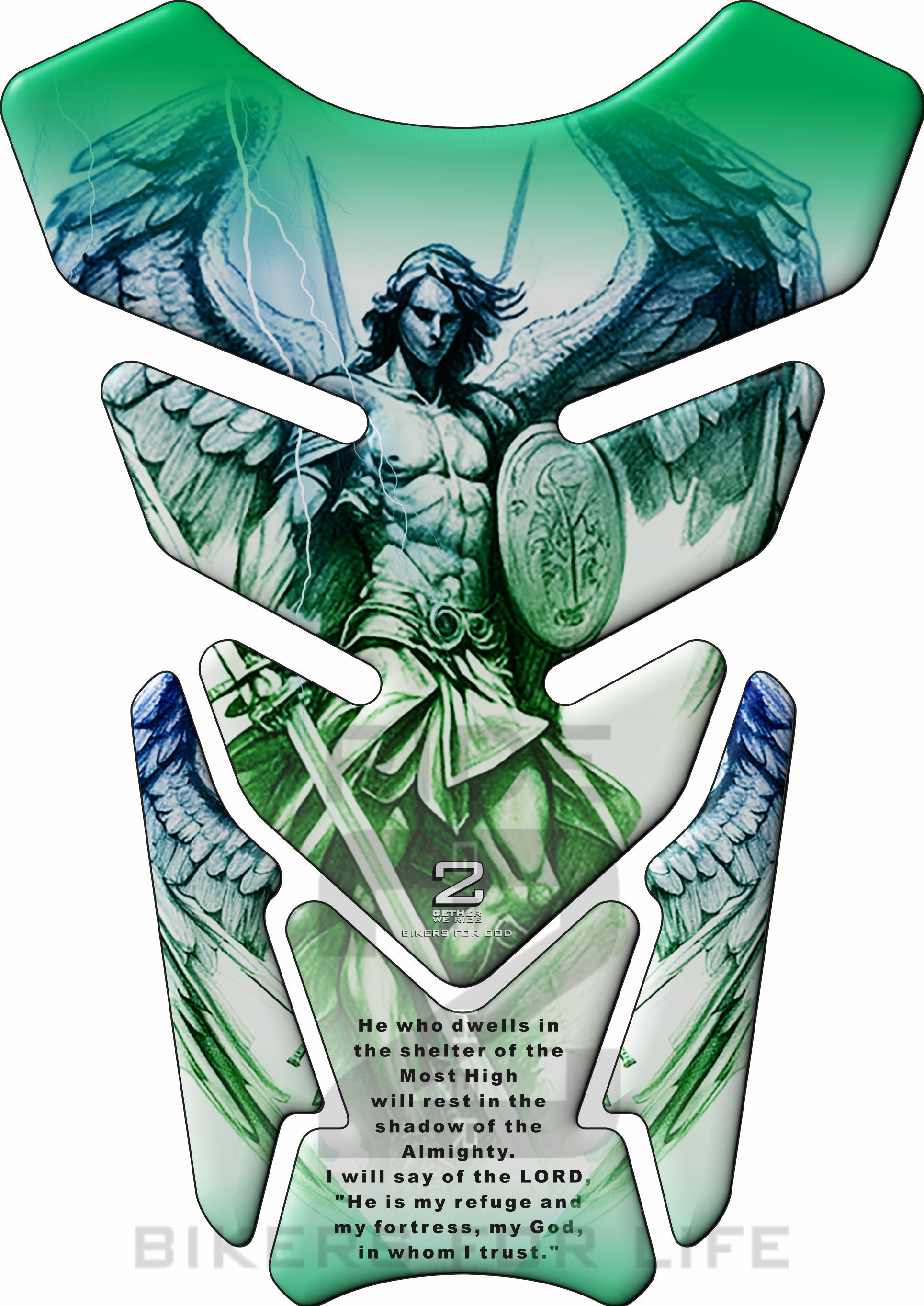 Motor Bike Tank Pad. Religious Range. Archangel  Psalm 91 Green . Universal Fit. Christian tank pad.